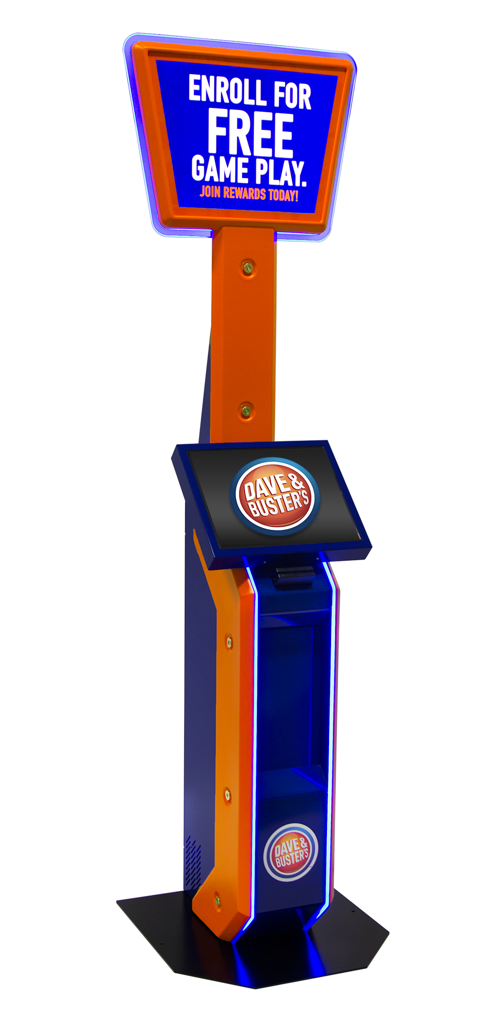 Dave and Busters blue and orange kiosk